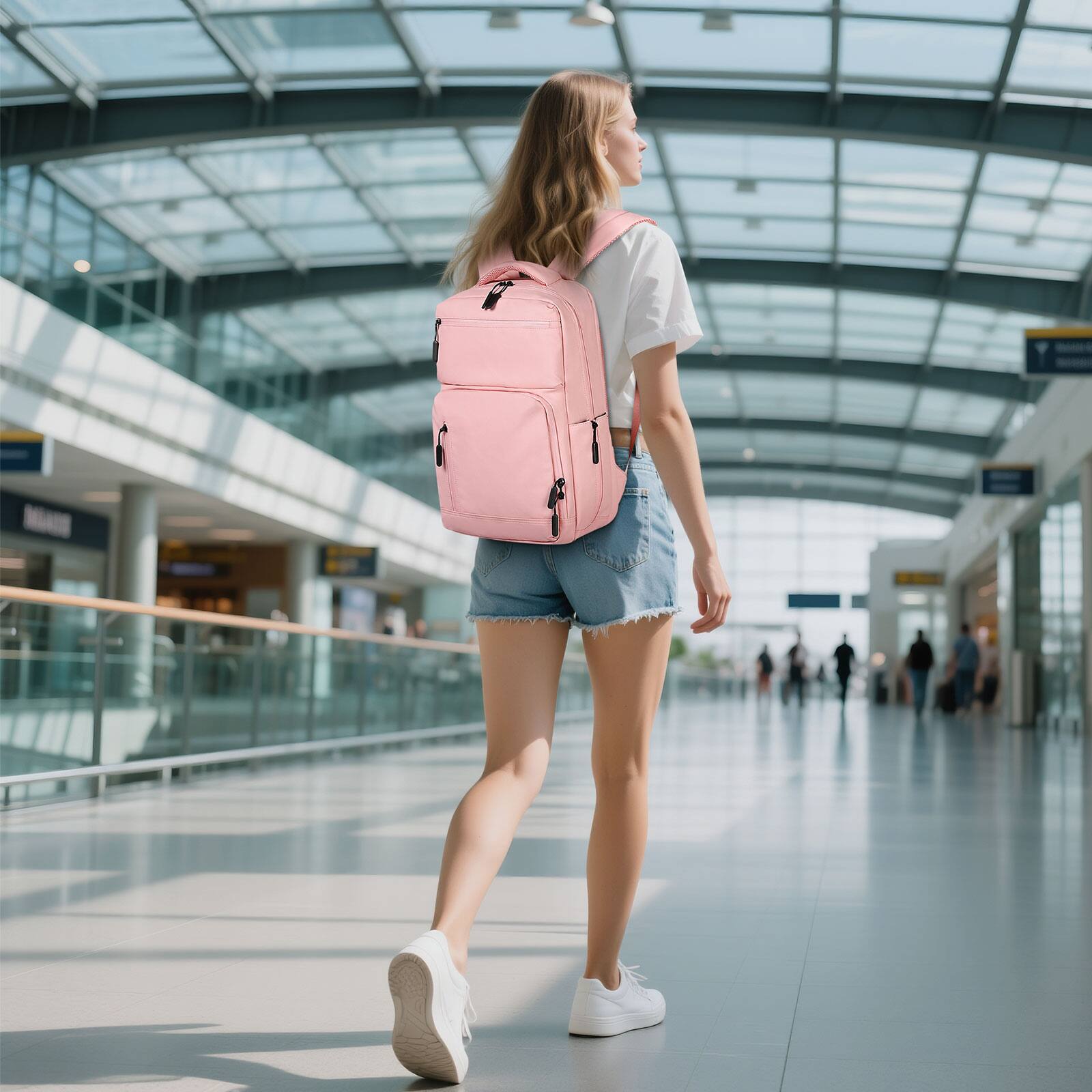 Alt View 6. Unique Bargains - Waterproof Laptop Backpack, Flight Approved Anti-Theft Daypack, 15.6" Laptop Sleeve, Men & Women - Pink.