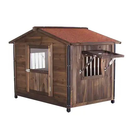 Front. Boyel Living - Natural Wood Large Wooden Dog Kennel Unique AllAround Iron FrameOutdoor Cabin House Style - Brown.