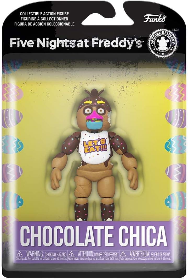 COLLECTIBLE ACTION FIGURE  
FIGURINE À COLLECTIONNER  
FIGURA DE ACCIÓN COLECCIONABLE  

Five Nights at Freddy's  

SPECIAL DELIVERY  

CHOCOLATE CHICA  

LET'S EAT!!!  

WARNING: CHOKING HAZARD.  
ATTENTION: DANGER D'ÉTOUFFEMENT.  
ADVERTENCIA: PELIGRO DE ASFIXIA  

Small parts. Not suitable for children under 36 months.  
Petites pièces. Ne convient pas aux enfants de moins de 36 mois.  
Piezas pequeñas. No es adecuado para niños menores de 36 meses.