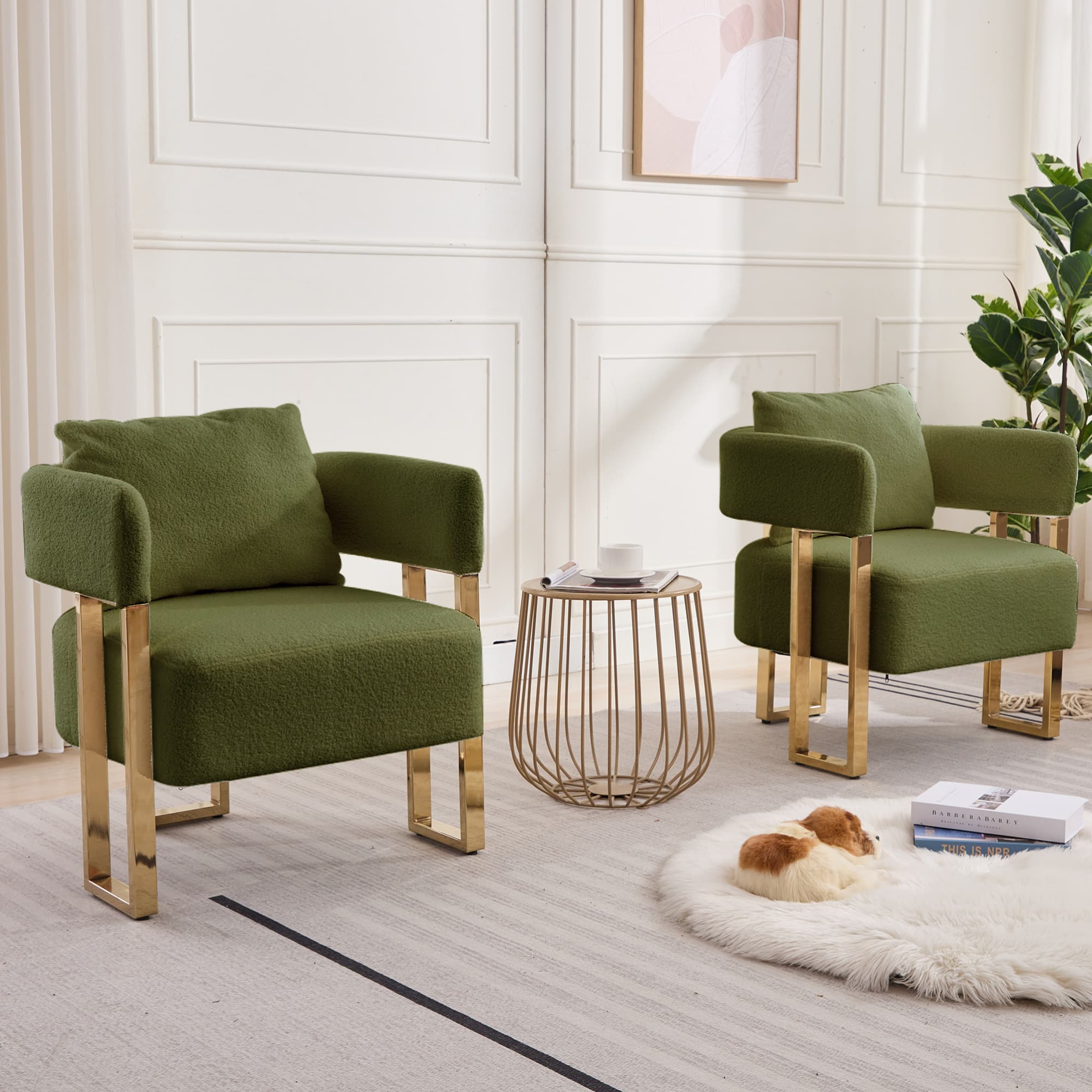 GOODSILO - Modern Decorative Chair Set with Gold Metal Legs and Plush Upholstery for Living Room and Office - Green