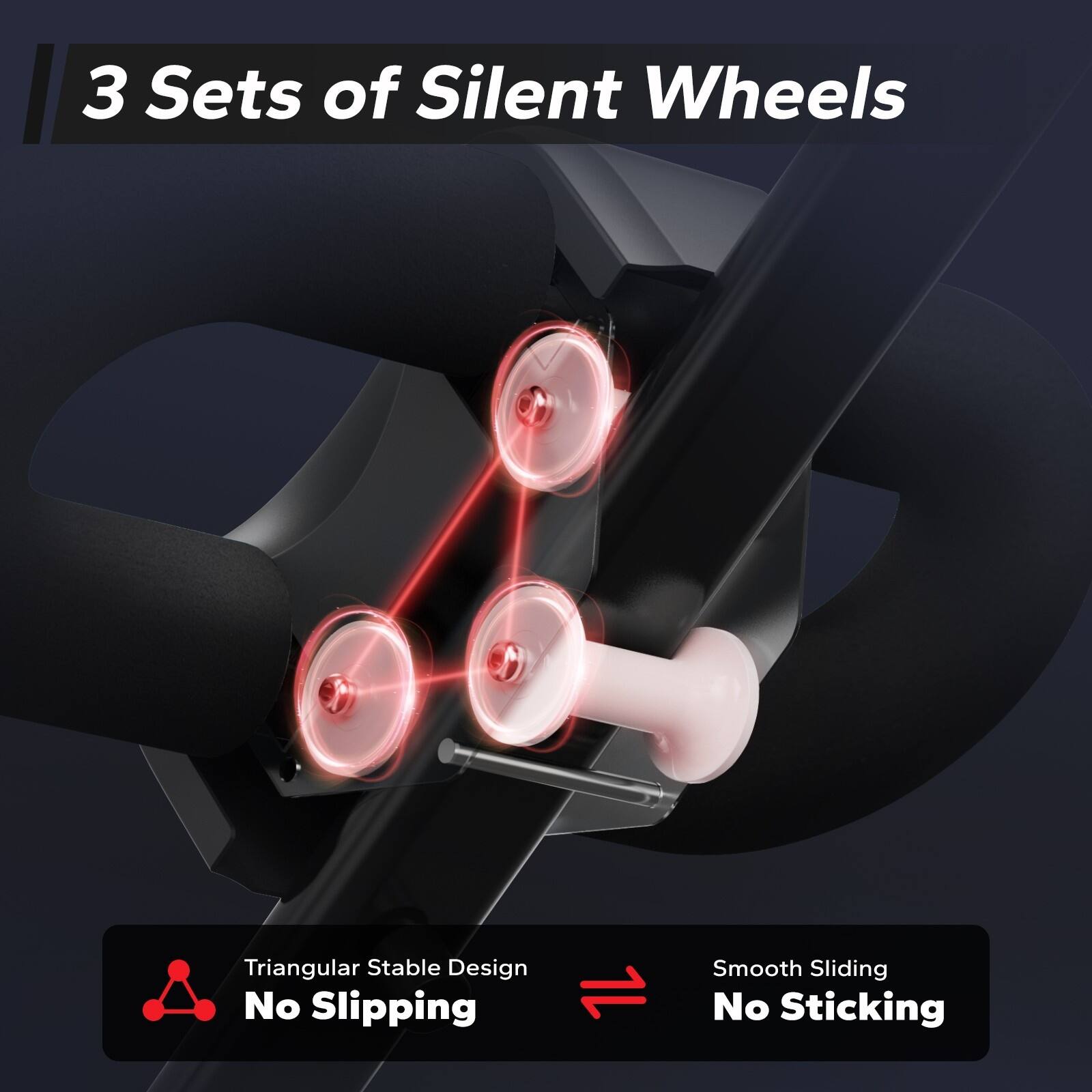 3 Sets of Silent Wheels  
Triangular Stable Design  
No Slipping  
Smooth Sliding  
No Sticking