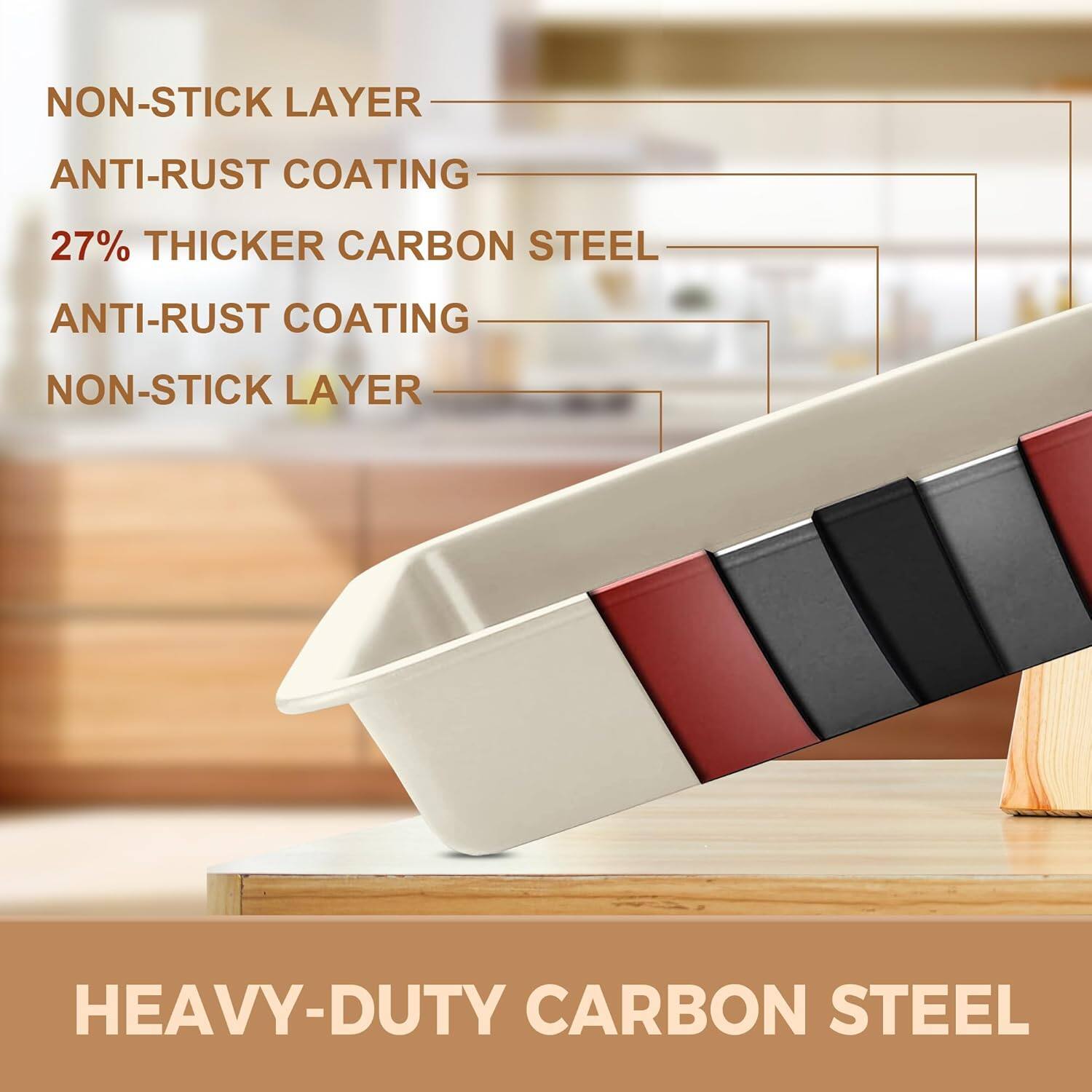 - NON-STICK LAYER
- ANTI-RUST COATING
- 27% THICKER CARBON STEEL
- ANTI-RUST COATING
- NON-STICK LAYER

HEAVY-DUTY CARBON STEEL