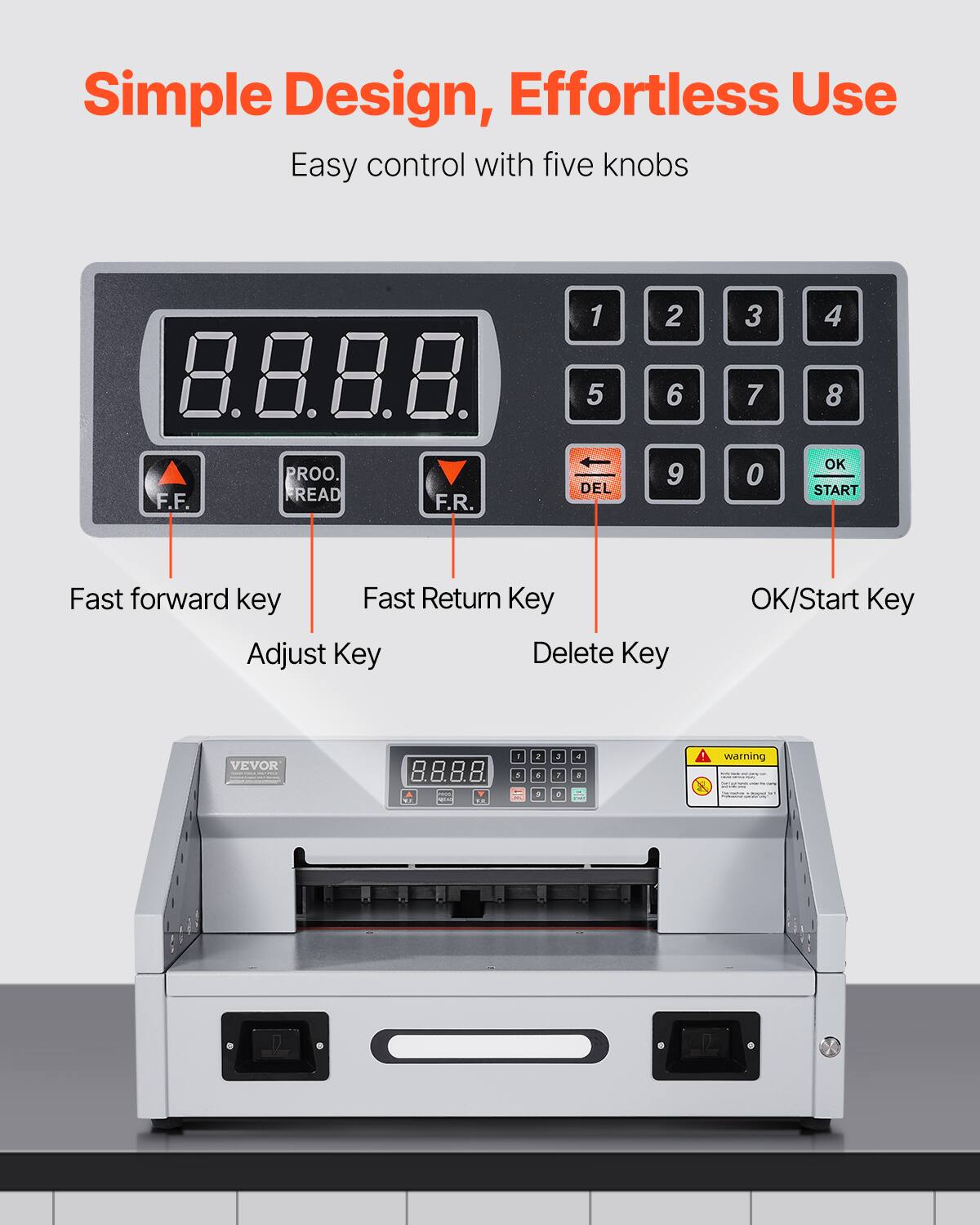 Simple Design, Effortless Use  
Easy control with five knobs  

8.8.8.8.  
PROO. F.F. FREAD F.R.  
1 5 DEL 2 6 9 3 7 0 4 8 OK START  

Fast forward key  
Fast Return Key  
Adjust Key  
Delete Key  
OK/Start Key  

VEVOR  
8.8.8.8  

Warning