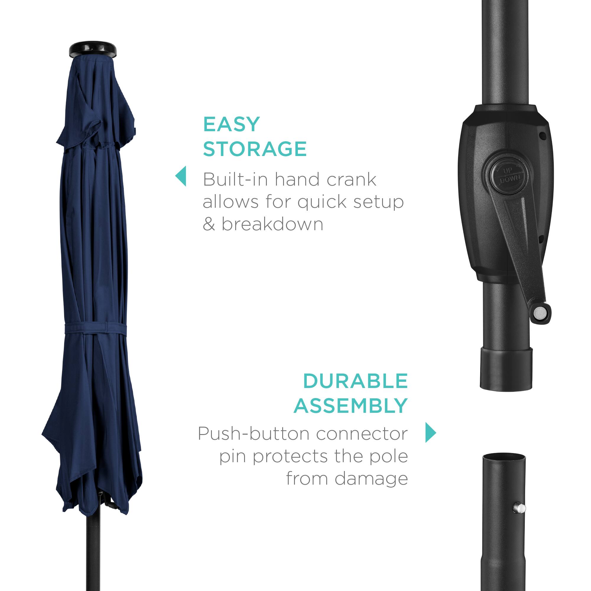 EASY STORAGE  
Built-in hand crank allows for quick setup & breakdown  

DURABLE ASSEMBLY  
Push-button connector pin protects the pole from damage