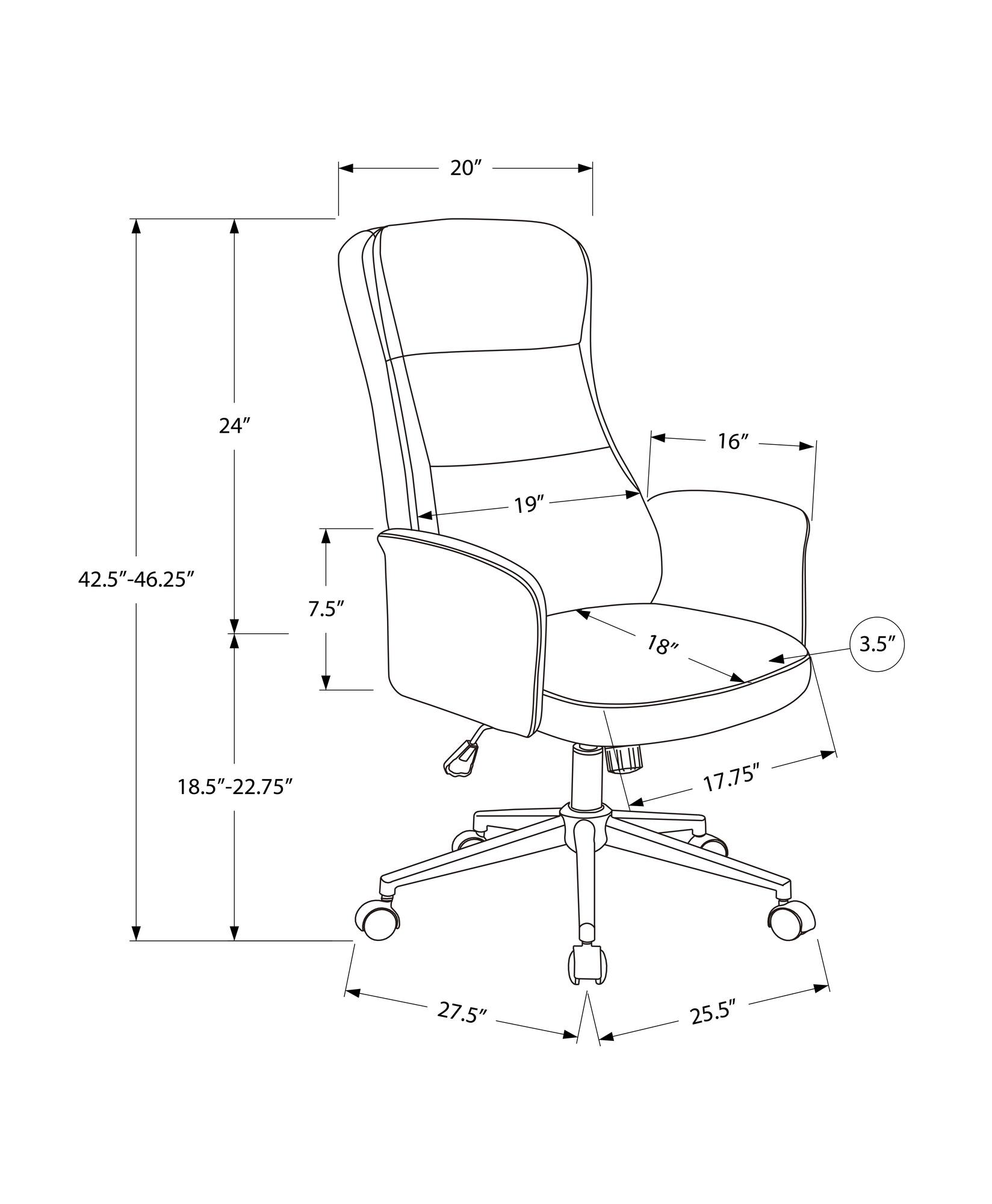 20" 24" 16" 19" 42.5"-46.25" 7.5" 18" 3.5" 18.5"-22.75" 17.75" 27.5" 25.5"