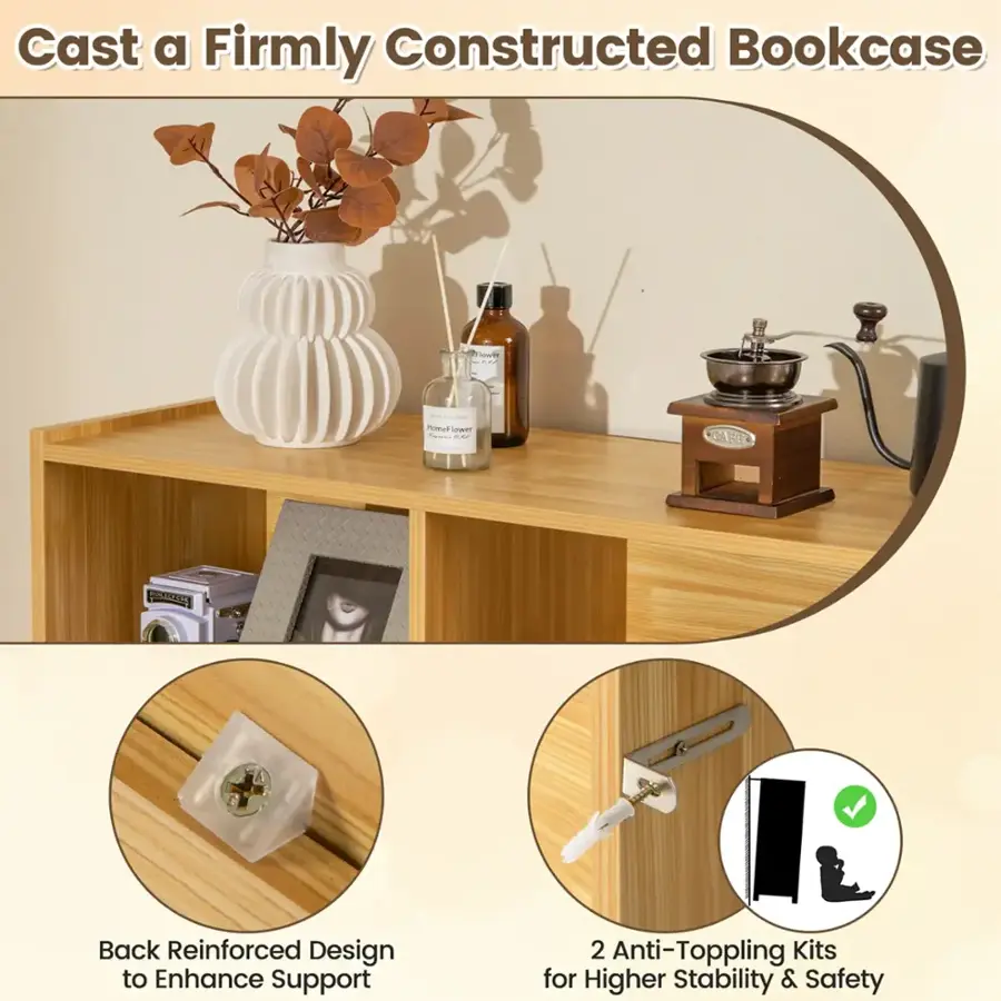 Cast a Firmly Constructed Bookcase: Back Reinforced Design to Enhance Support - 2 Anti-Toppling Kits for Higher Stability & Safety