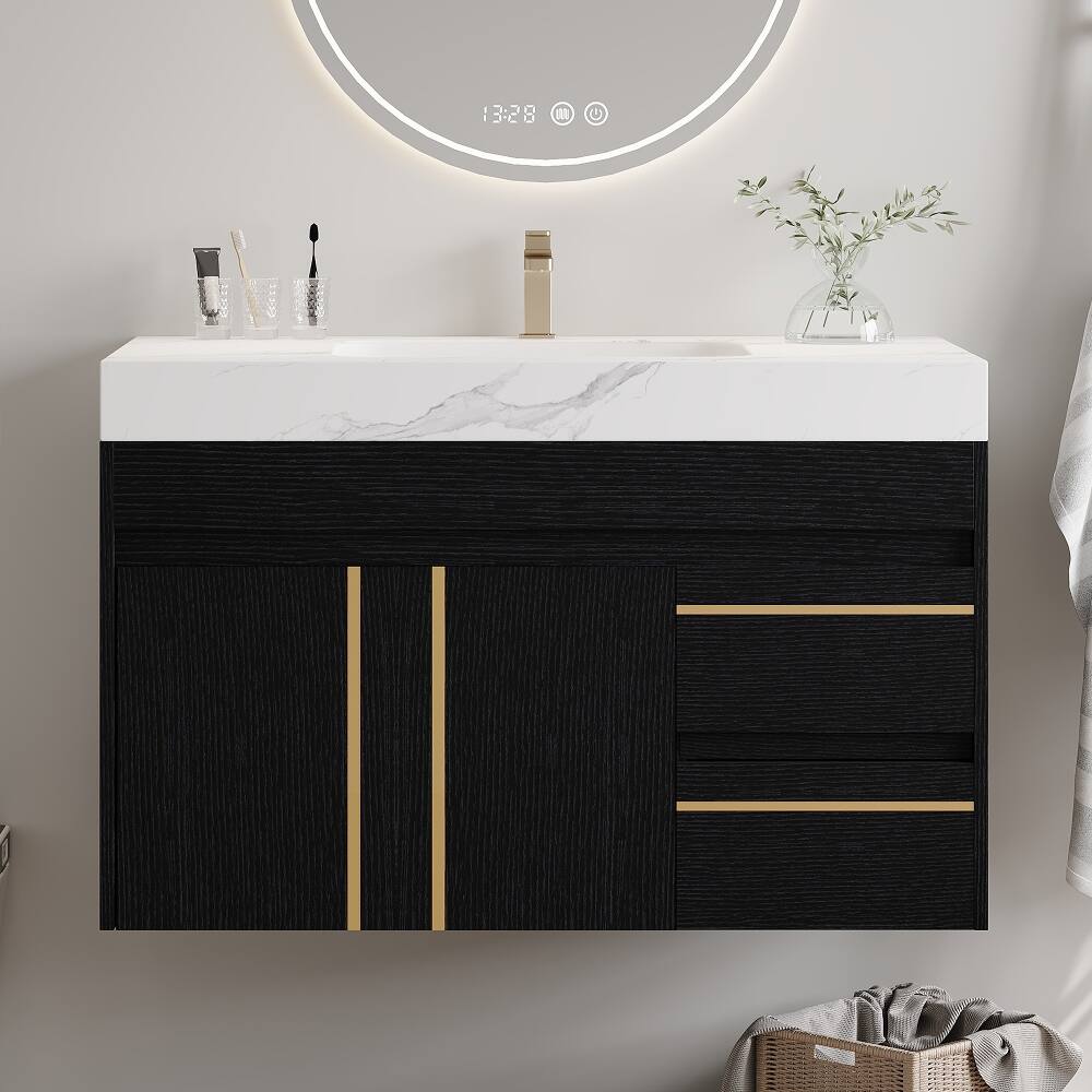 Angle. Loheer - Loheer 36 inch floating bathroom vanity with ceramic sink and sintered stone top, black and white - Black, White.