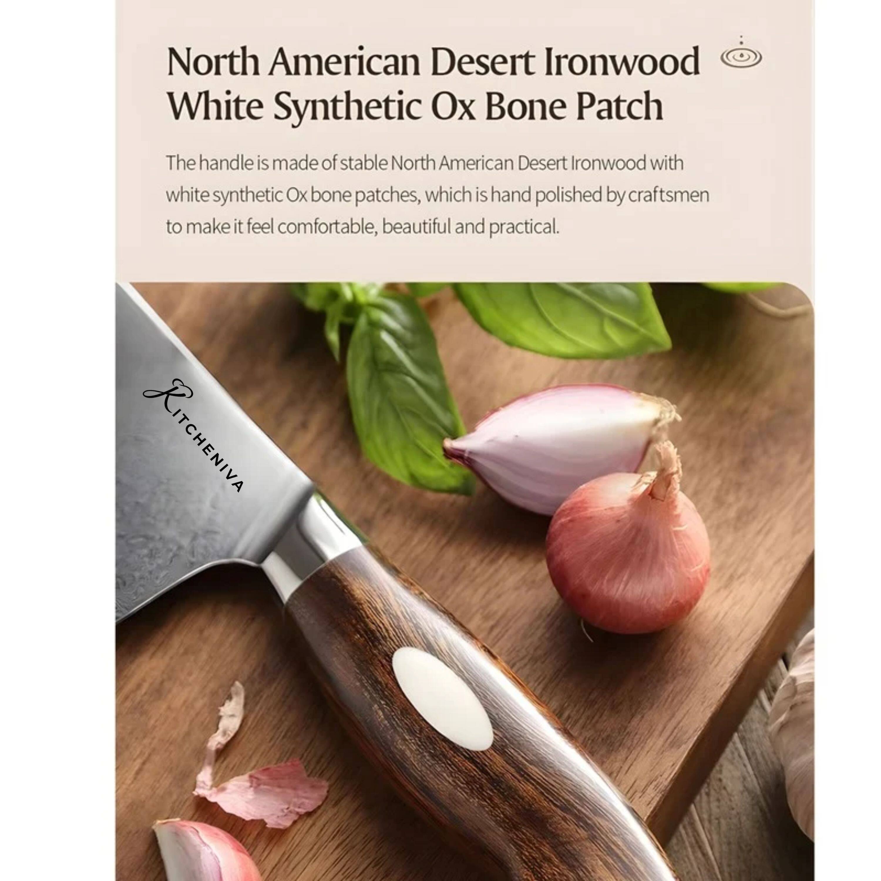 North American Desert Ironwood White Synthetic Ox Bone Patch

The handle is made of stable North American Desert Ironwood with white synthetic Ox bone patches, which is hand polished by craftsmen to make it feel comfortable, beautiful and practical.