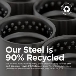 **S8N RECYCLED STAINLESS 13l**

**Our Steel is 90% Recycled**

We are now manufacturing many of our products using certified 90% post-consumer recycled 18/8 stainless steel. This change reduces our greenhouse gas emissions from stainless steel by about 50%.