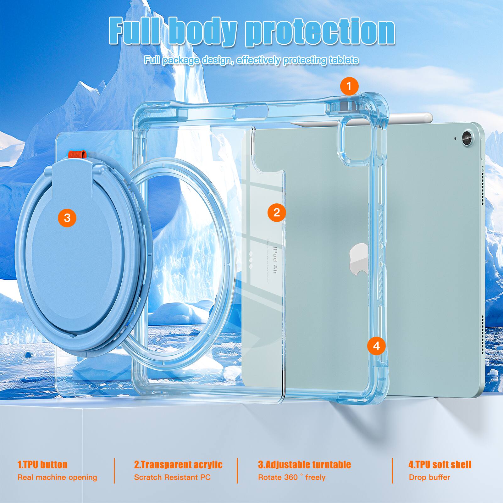 Full body protection  
Full package design, effectively protecting tablets  

1. TPU button  
Real machine opening  

2. Transparent acrylic  
Scratch Resistant PC  

3. Adjustable turntable  
Rotate 360° freely  

4. TPU soft shell  
Drop buffer