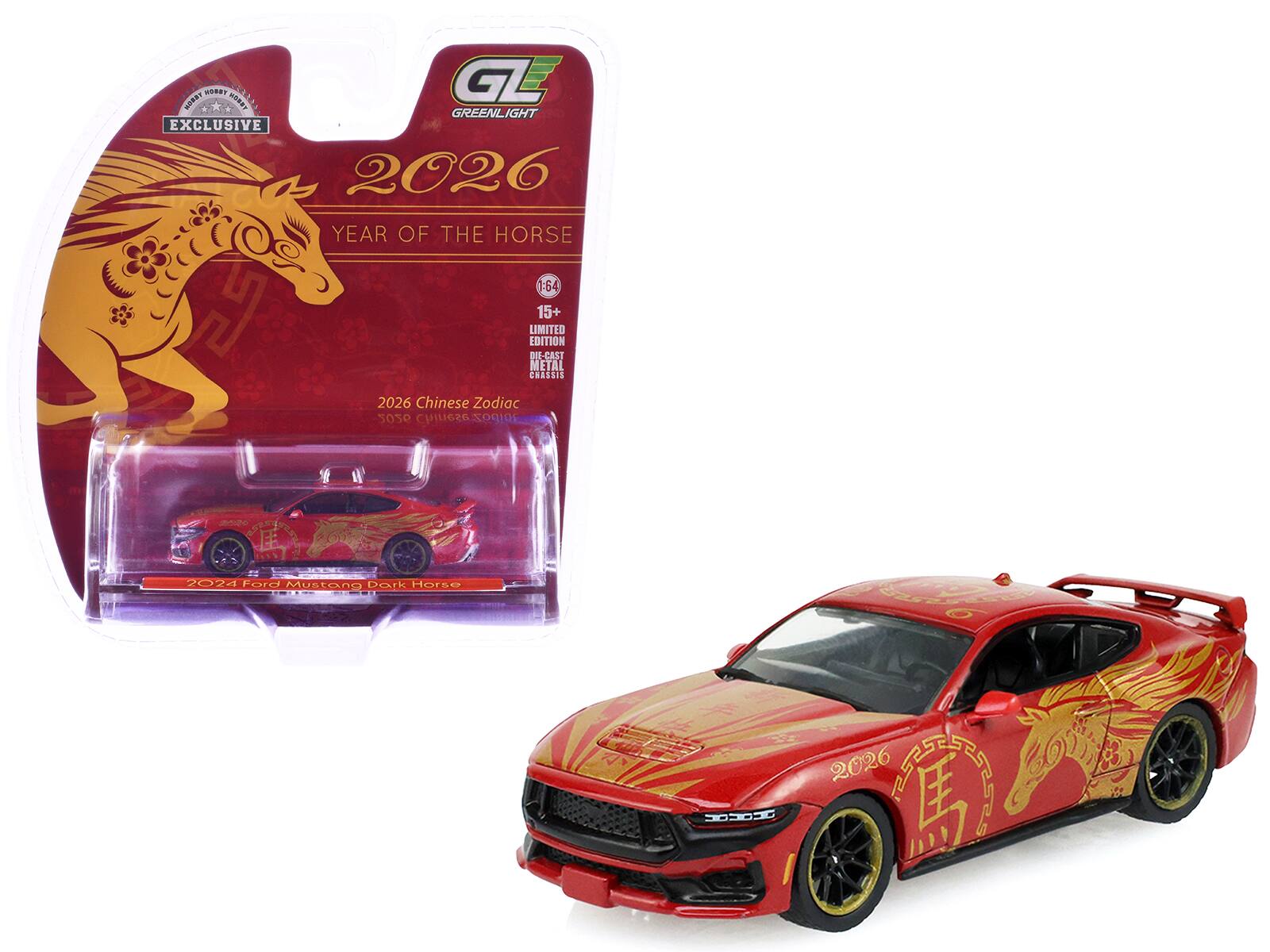 issem WEY sodds GL A. GREENLIGHT EXCLUSIVE 2026 YEAR OF THE HORSE 1:64 15+ LIMITED EDITION DIE-CAST METAL CHASSIS 2026 Chinese Zodiac 2020 Chinese mIbos 2024 For Mustang Dark Horse