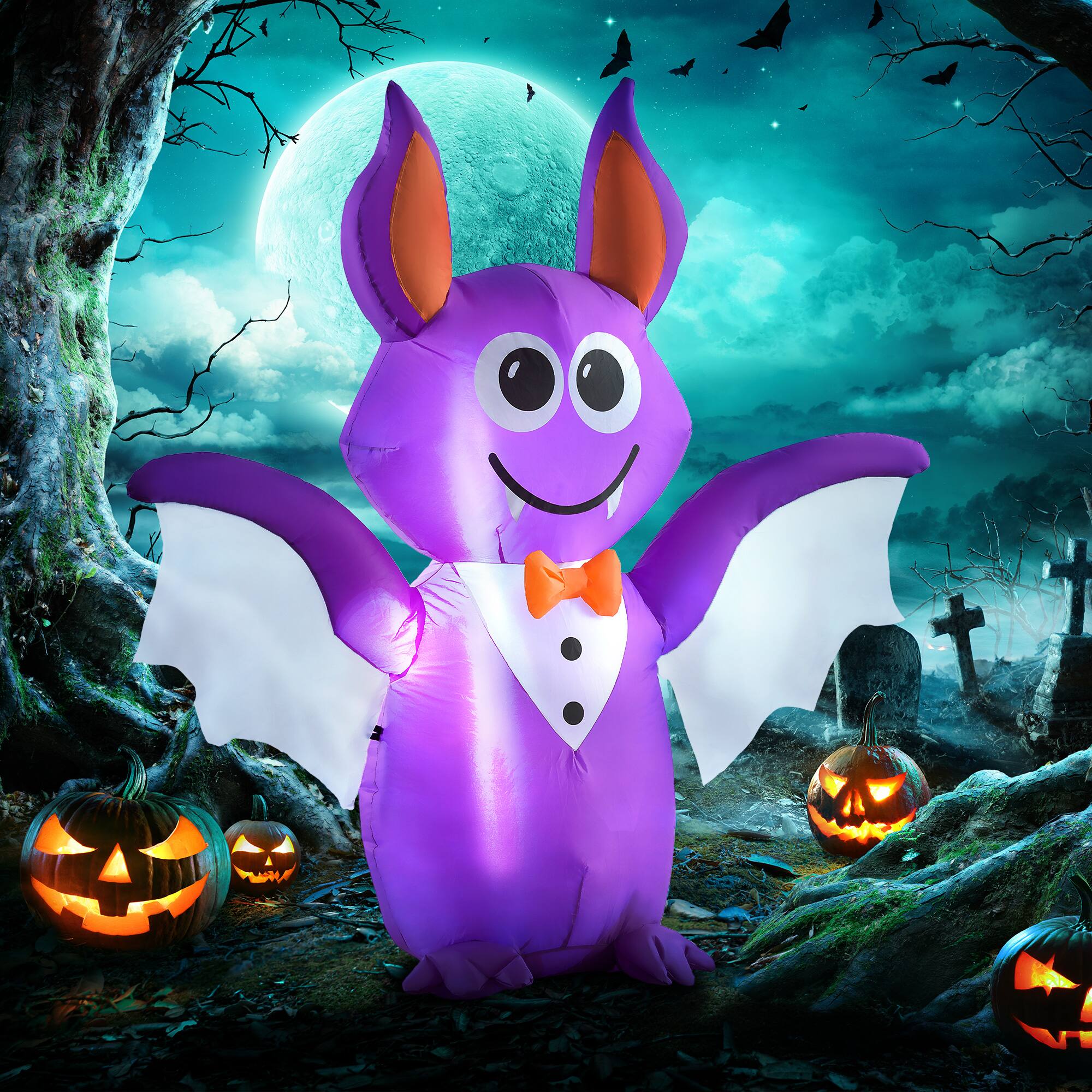Alt View 1. Outsunny - 4ft Inflatable Halloween Decoration Bat, Blow Up Outdoor LED Yard Display, Waterproof - Purple.