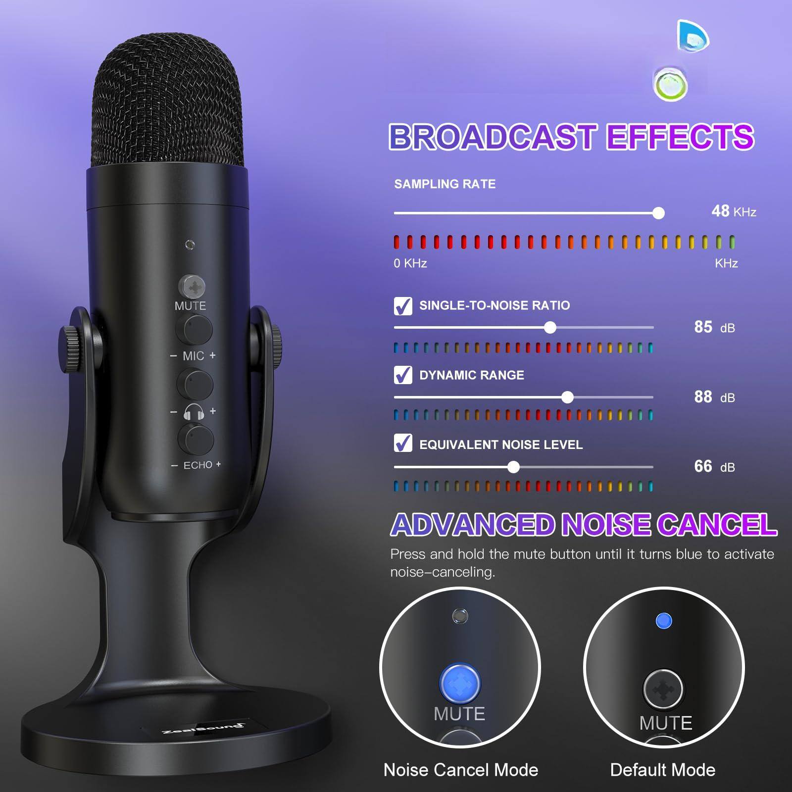 **BROADCAST EFFECTS**

- **SAMPLING RATE:** 48 KHz
- **SINGLE-TO-NOISE RATIO:** 85 dB
- **DYNAMIC RANGE:** 88 dB
- **EQUIVALENT NOISE LEVEL:** 66 dB

**ADVANCED NOISE CANCEL**

Press and hold the mute button until it turns blue to activate noise-canceling.

- **Noise Cancel Mode**
- **Default Mode**