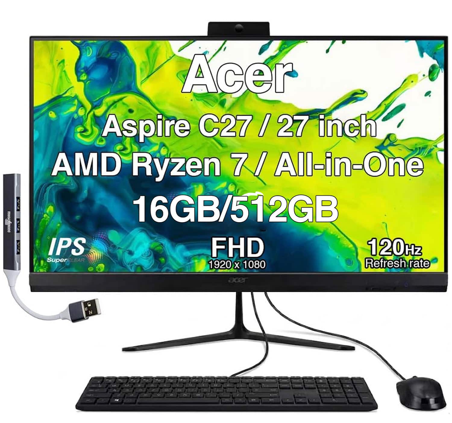Acer - Upgraded - Aspire C27 All-in-One 27 FHD Display (Ryzen 7 5825U, 16GB, 512GB SSD, AMD Radeon, WiFi 6E, Win 11 Pro) w/USB Hub