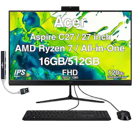 Acer - Upgraded - Aspire C27 All-in-One 27 FHD Display (Ryzen 7 5825U, 16GB, 512GB SSD, AMD Radeon, WiFi 6E, Win 11 Pro) w/USB Hub