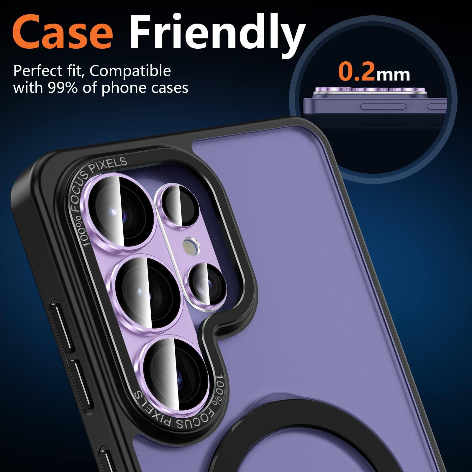 Case Friendly  
Perfect fit, Compatible with 99% of phone cases  
0.2mm  
100% PIXELS FOCUS