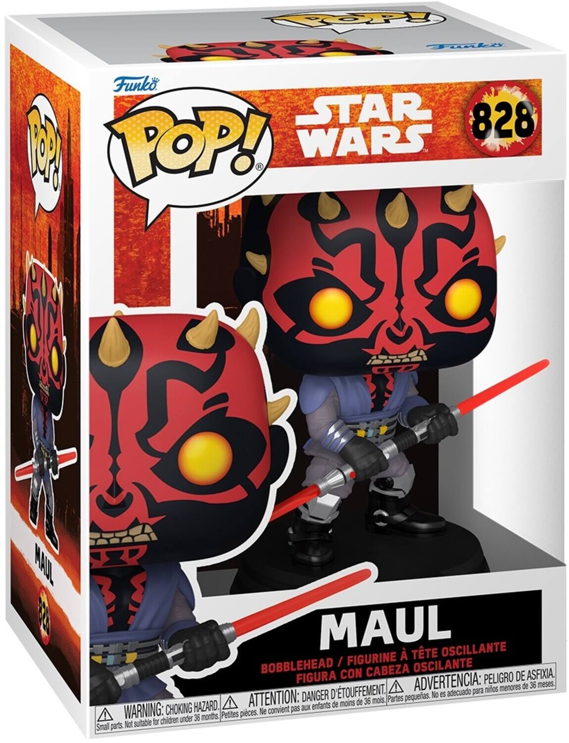 POP! K Tunlt Funko STAR WARS 828 P MAUL  
MAUL OSCILLANTE FIGURINE / OSCILANTE FIGURA CON CABEZA OSCILANTE  
ADVERTENCIA: PELIGRO 36 meses. Niños menores de 36 meses.  
ATTENTION: DANGER D'ÉTOUFFEMENT. Partes pequeñas. No es adecuado para menores de 36 meses.  
WARNING: CHOKING HAZARD. Small parts. Not suitable for children under 36 months.