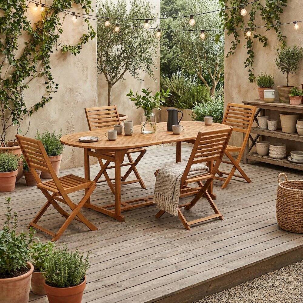 Outdoor Escape - Wooden Patio Set Oil Finish Dining Table with 4 Matching Outdoor Side Chairs - Brown