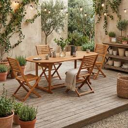 Outdoor Escape - Wooden Patio Set Oil Finish Dining Table with 4 Matching Outdoor Side Chairs - Brown
