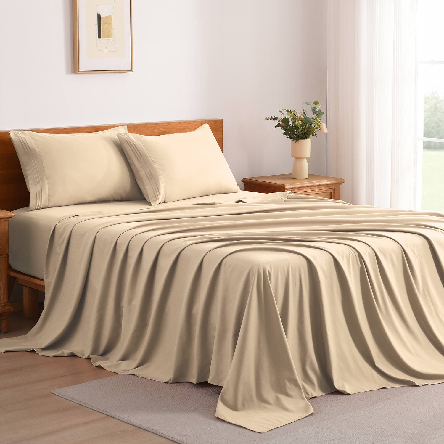 Angle. MarCielo - Marcielo 3/4 Pcs Soft Solid & Embroidery Bed Sheets Set - Beige.