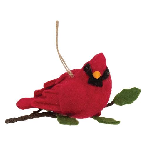 Front. BreeBe - Felted Cardinal on Branch Ornament - Red.
