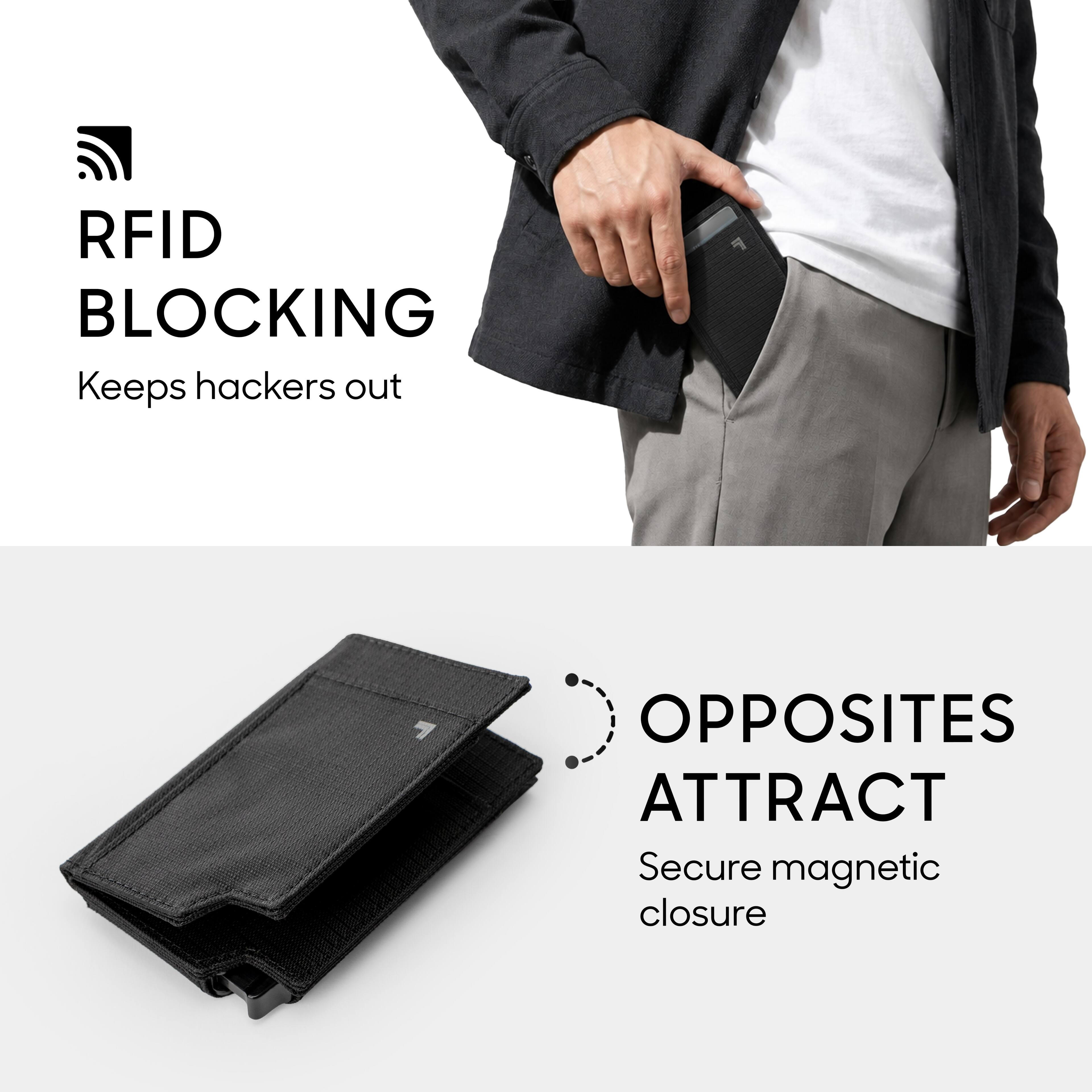 RFID BLOCKING  
Keeps hackers out  

OPPOSITES ATTRACT  
Secure magnetic closure