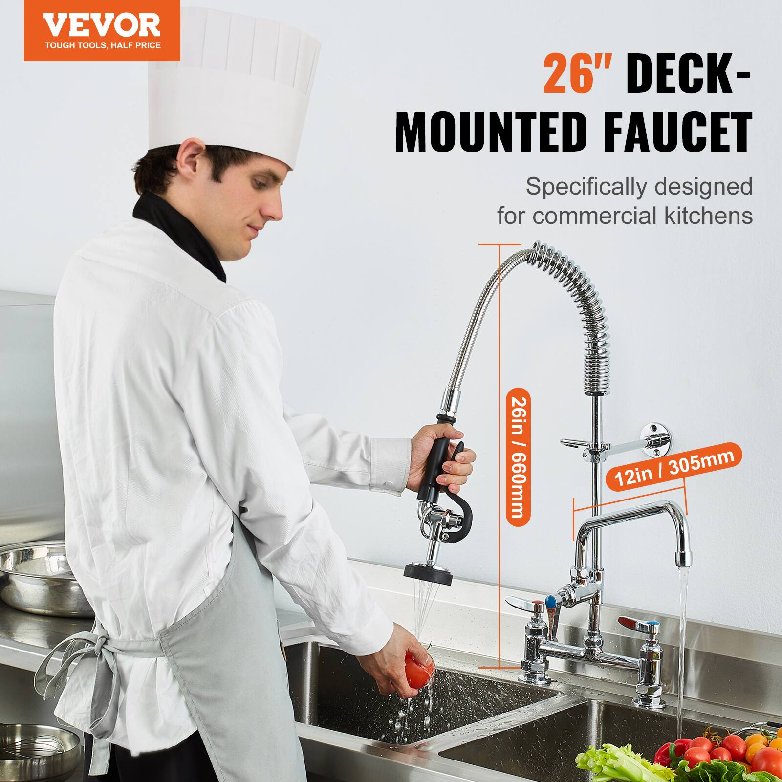VEVOR  
TOUGH TOOLS, HALF PRICE  

26" DECK-MOUNTED FAUCET  
Specifically designed for commercial kitchens  

26in / 660mm  
12in / 305mm