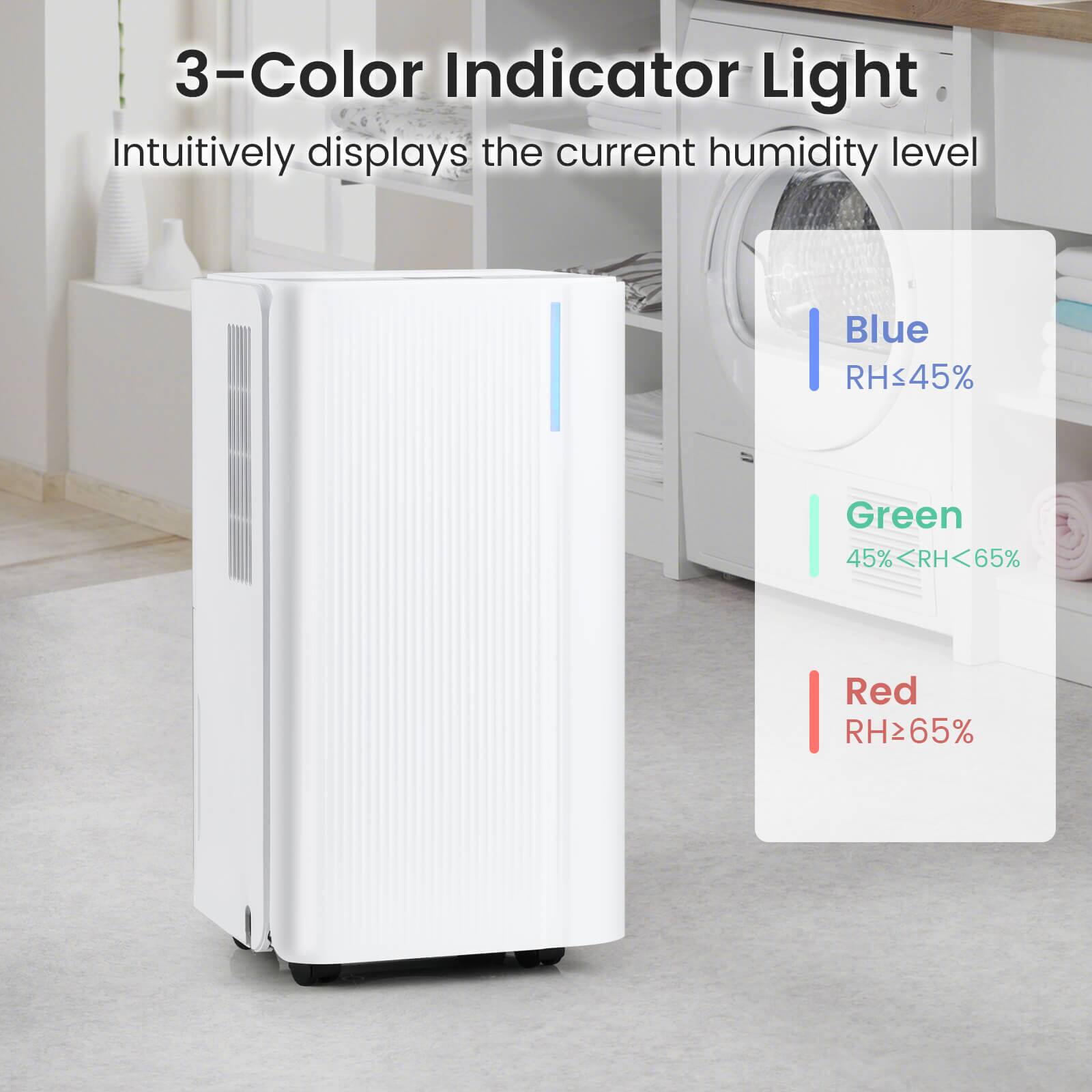 3-Color Indicator Light  
Intuitively displays the current humidity level  

Blue  
RH≤45%  

Green  
45%<RH<65%  

Red  
RH≥65%