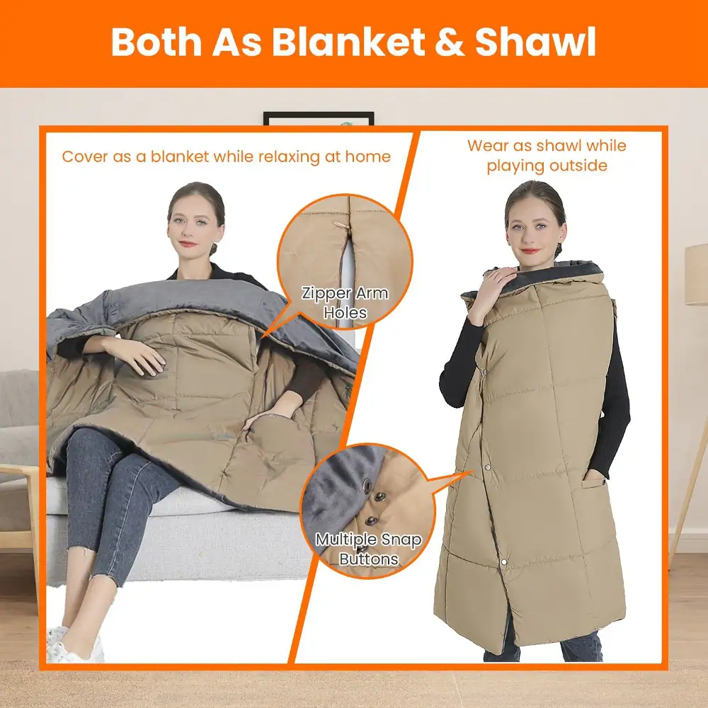 Both As Blanket & Shawl

Cover as a blanket while relaxing at home
Wear as shawl while playing outside

Zipper Arm Holes
Multiple Snap Buttons