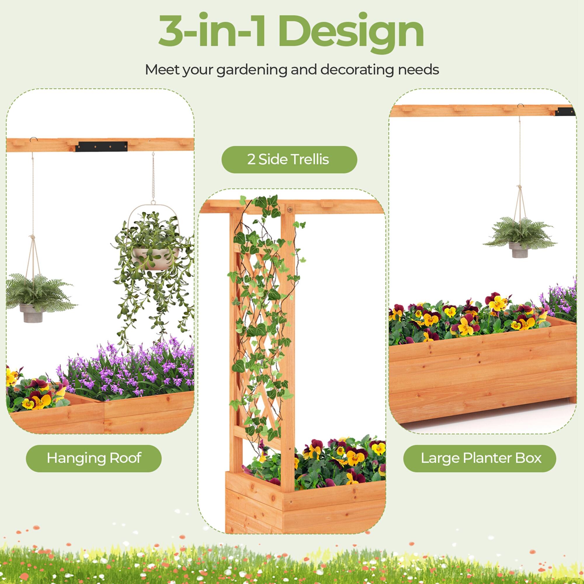 3-in-1 Design Meet your gardening and decorating needs Hanging Roof Large Planter Box 2 Side Trellis