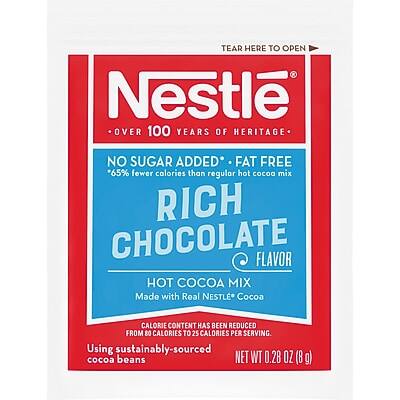 TEAR HERE TO OPEN

Nestlé
OVER 100 YEARS OF HERITAGE

NO SUGAR ADDED • FAT FREE
65% fewer calories than regular hot cocoa mix

RICH CHOCOLATE FLAVOR
HOT COCOA MIX
Made with Real Nestlé Cocoa

CALORIE CONTENT HAS BEEN REDUCED FROM 8 CALORIES TO 25 CALORIES PER SERVING.

Using sustainably-sourced cocoa beans

NET WT 0.28 OZ (8 g)