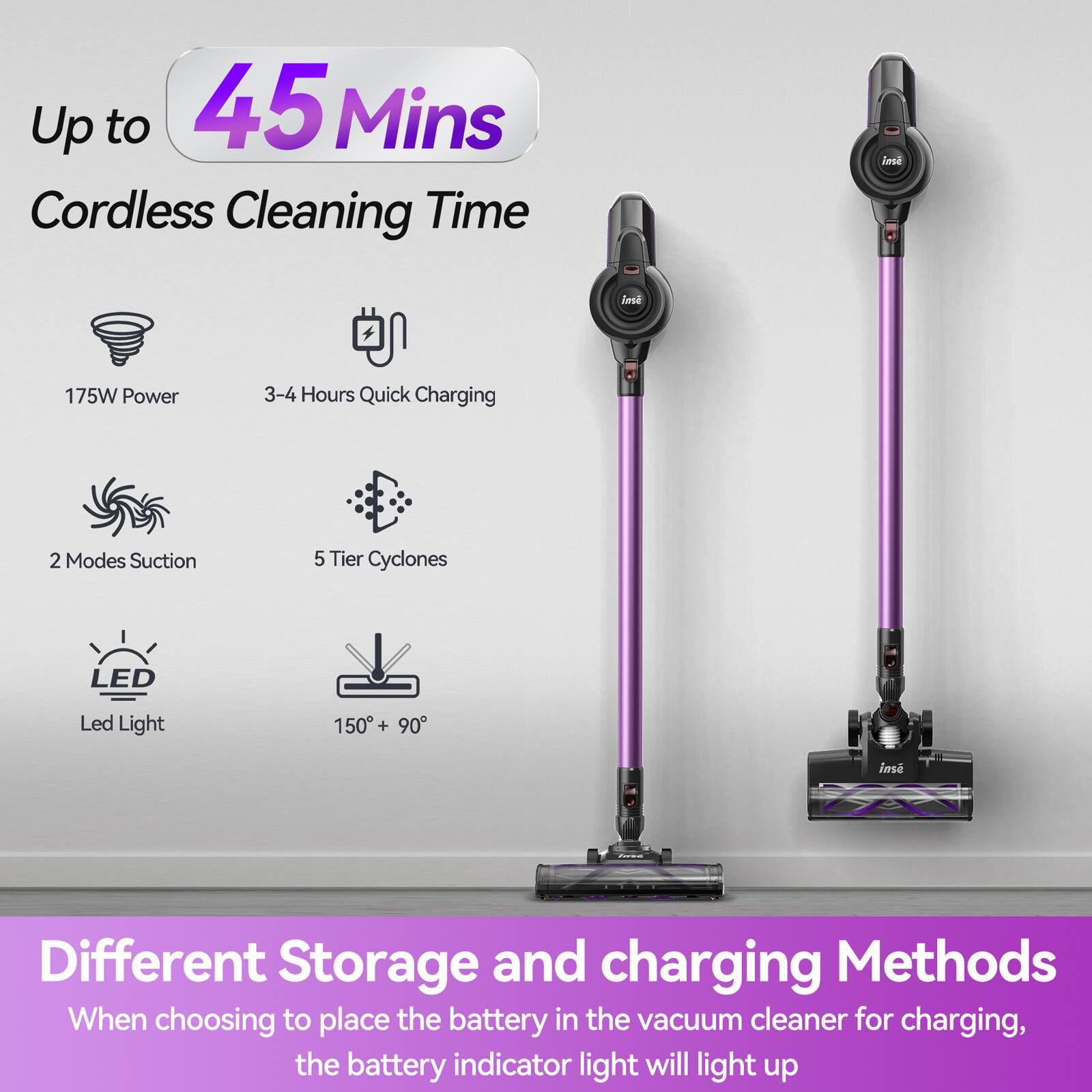 Up to 45 Mins Cordless Cleaning Time  
175W Power  
3-4 Hours Quick Charging  
2 Modes Suction  
5 Tier Cyclones  
LED Light  
150° + 90°  

Different Storage and charging Methods  
When choosing to place the battery in the vacuum cleaner for charging, the battery indicator light will light up
