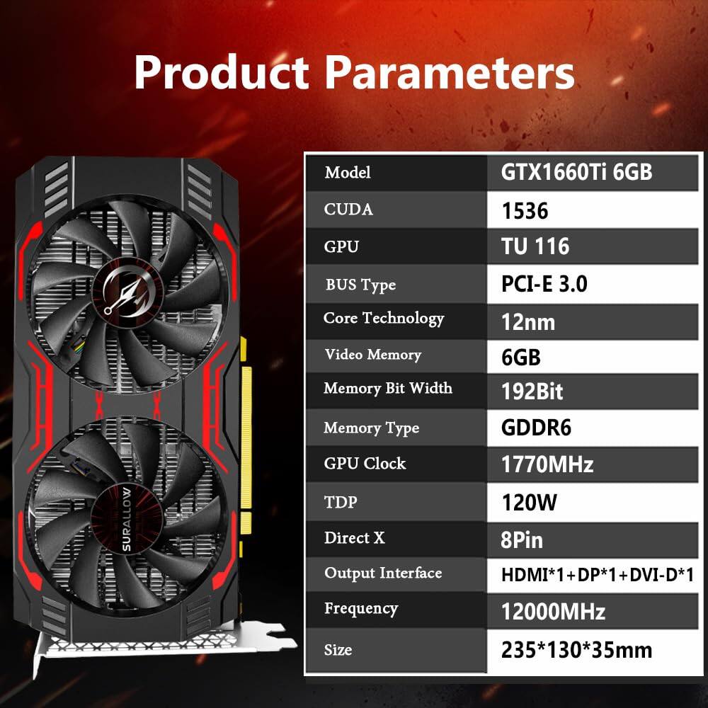 Product Parameters

Model: GTX1660Ti 6GB

CUDA: 1536

GPU: TU 116

BUS Type: PCI-E 3.0

Core Technology: 12nm

Video Memory: 6GB

Memory Bit Width: 192Bit

Memory Type: GDDR6

GPU Clock: 1770MHz

TDP: 120W

Direct X: 8Pin

Output Interface: HDMI*1 + DP*1 + DVI-D*1

Frequency: 12000MHz

Size: 235*130*35mm