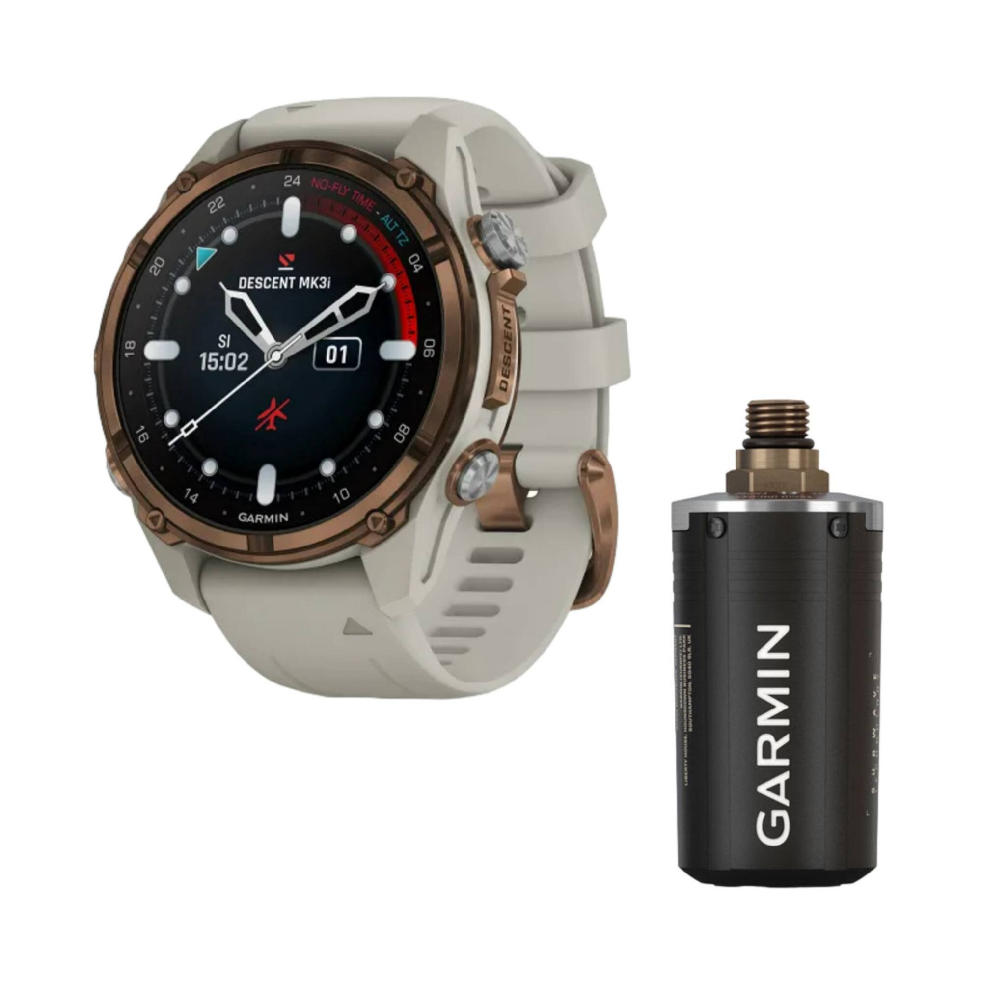 The text on the image can be grouped and corrected as follows:

- **Watch Display:**
  - 24 NO-FLY TIME
  - ALT TZ 20 04
  - DESCENT MK3i
  - AILE: SI
  - 15:02

- **Additional Text:**
  - 18 01
  - 16 O O8
  - DESCENT 14
  - GARMIN

This text appears to be related to a Garmin watch and its features.