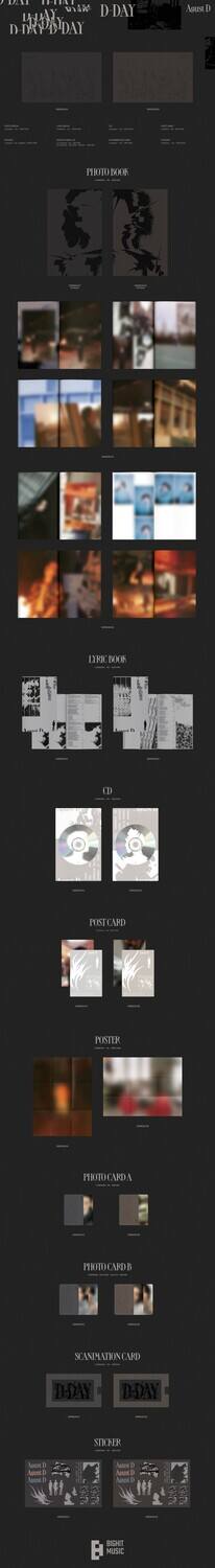 Sure, here is the corrected and grouped text from the image:

---

**D-DAY**

**August D**

**PHOTO BOOK**

**CD**

**POST CARD**

**POSTER**

**PHOTO CARD A**

**PHOTO CARD B**

**SCANIMATION CARD**

**STICKER**

**BRIGHT MUSIC**

---