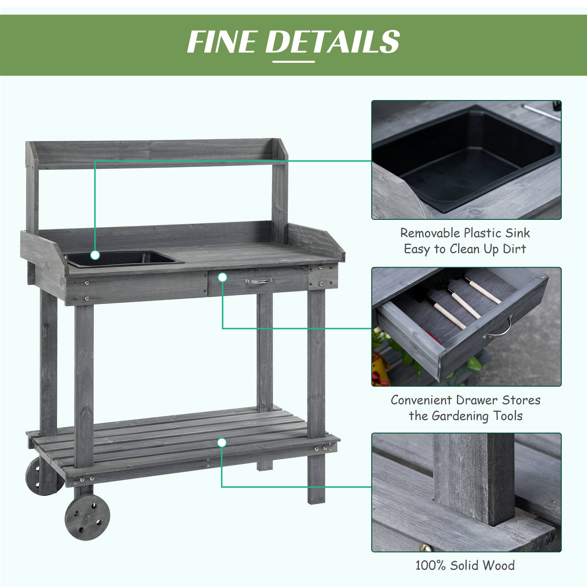 FINE DETAILS

Removable Plastic Sink Easy to Clean Up Dirt
Convenient Drawer Stores the Gardening Tools
100% Solid Wood