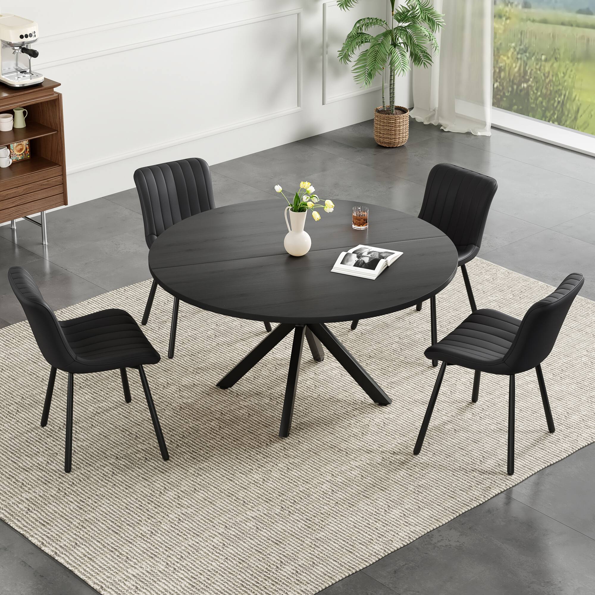 Back. GOODSILO - 47-Inch Round Dining Table for 4-6 People with Sturdy Base, Mid-Century Modern Kitchen Table for Dining Room - Black.