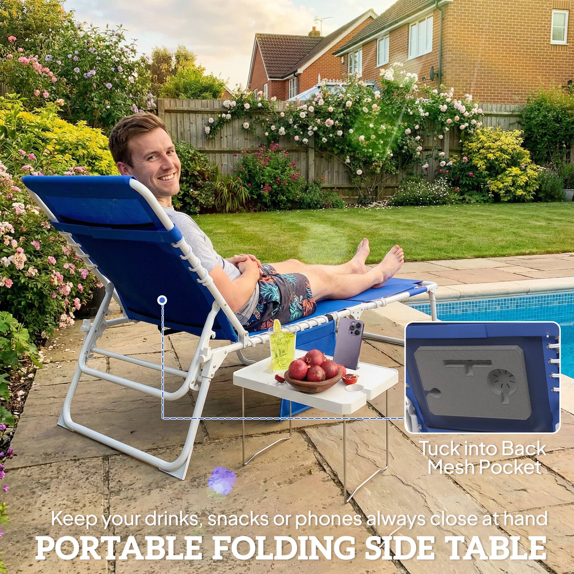 Keep your drinks, snacks or phones always close at hand  
PORTABLE FOLDING SIDE TABLE  

Tuck into Back Mesh Pocket