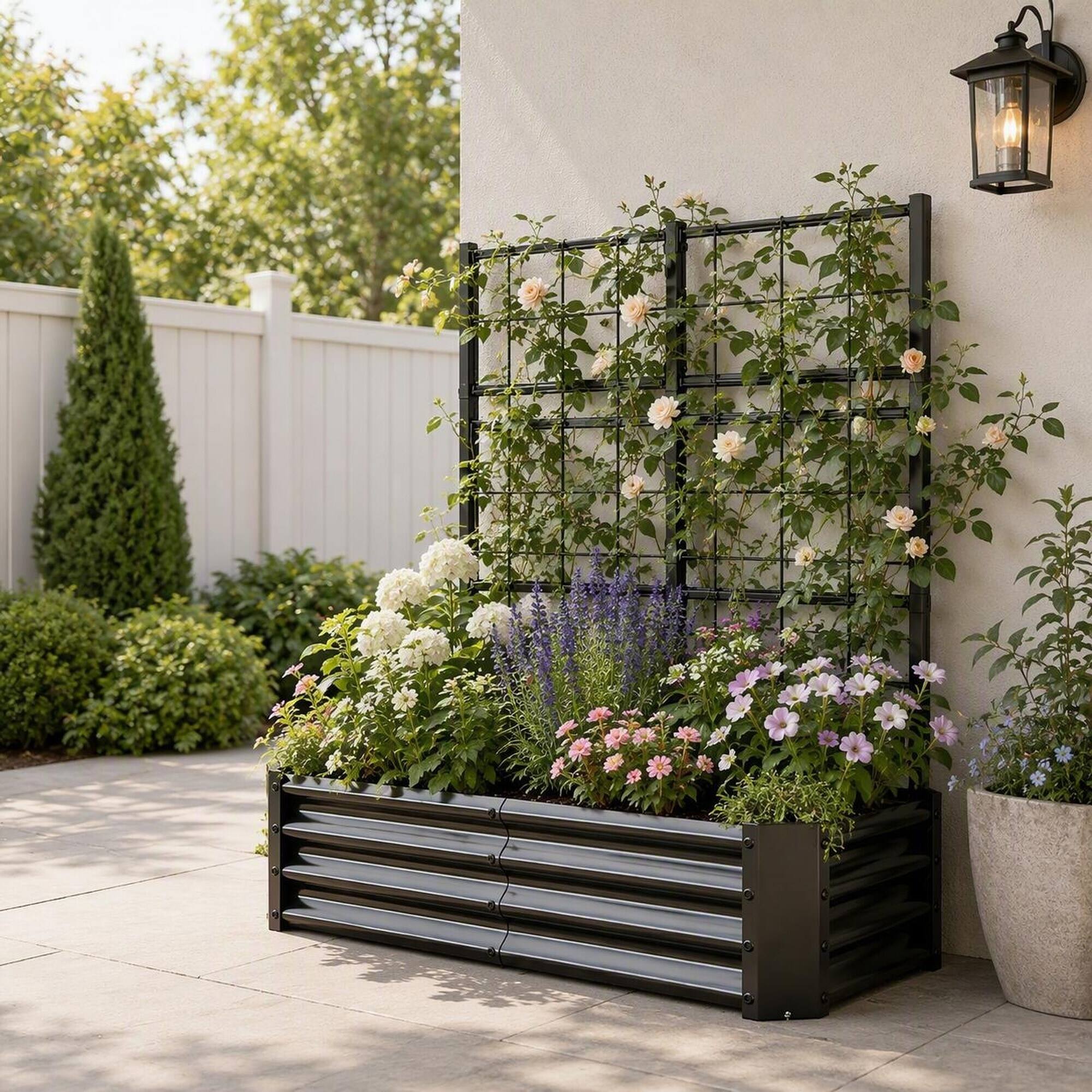 Back. RYHNUYNE - Galvanized Metal Raised Garden Bed 4x2x1FT with Arch Trellis for Climbing Plants, Heavy Duty Outdoor Planter Box - Black.