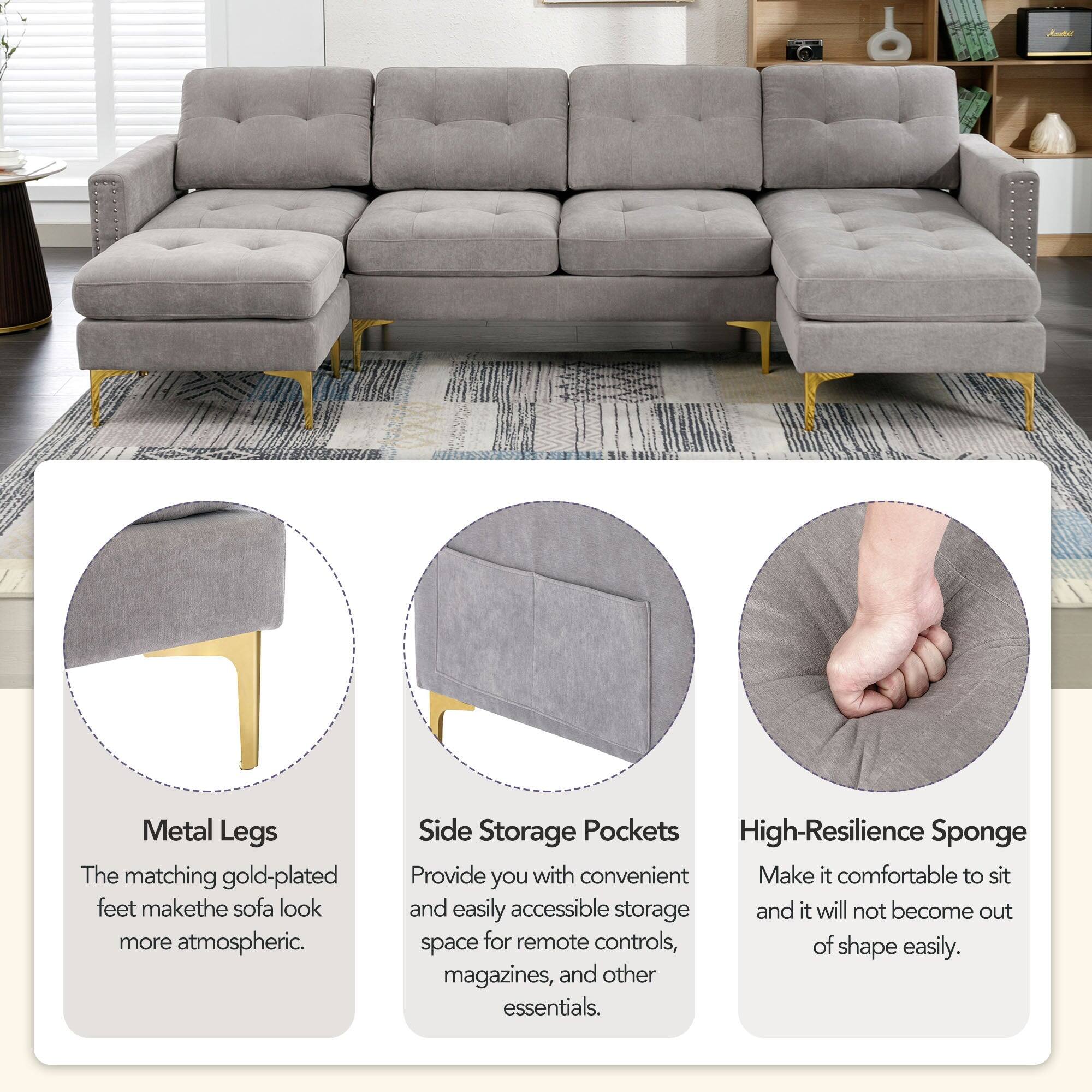 Metal Legs  
The matching gold-plated feet make the sofa look more atmospheric.

Side Storage Pockets  
Provide you with convenient and easily accessible storage space for remote controls, magazines, and other essentials.

High-Resilience Sponge  
Make it comfortable to sit and it will not become out of shape easily.