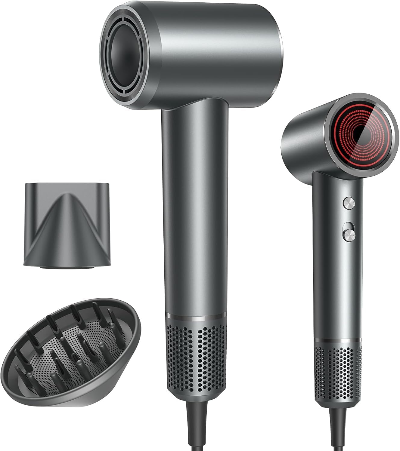 Front. Core Tech - 1400W High-Speed Ionic Hair Dryer with Diffuser, 150,000 RPM Brushless Motor, 4 Heat Modes and 2 Speeds - Gray.
