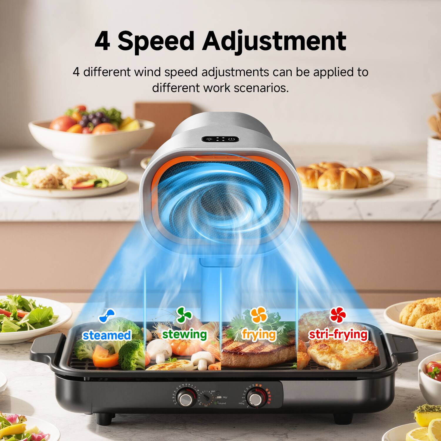 4 Speed Adjustment

4 different wind speed adjustments can be applied to different work scenarios.

- steamed
- stewing
- frying
- stri-frying