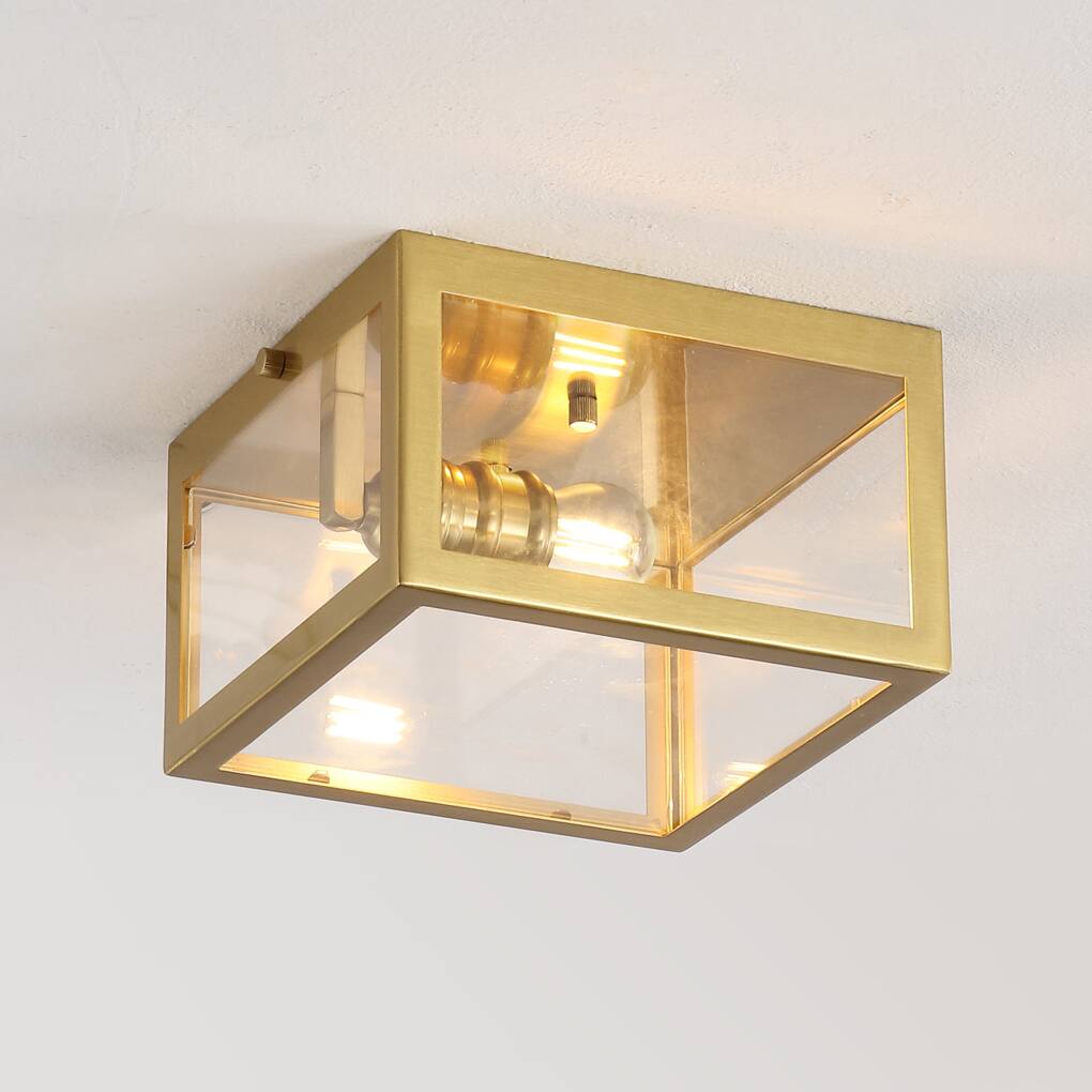 Alt View 1. Jonathan Y - Grayson 8" 1-Light Farmhouse Industrial Square Iron/Glass Case LED Flush Mount, Brass Gold - Brass Gold.