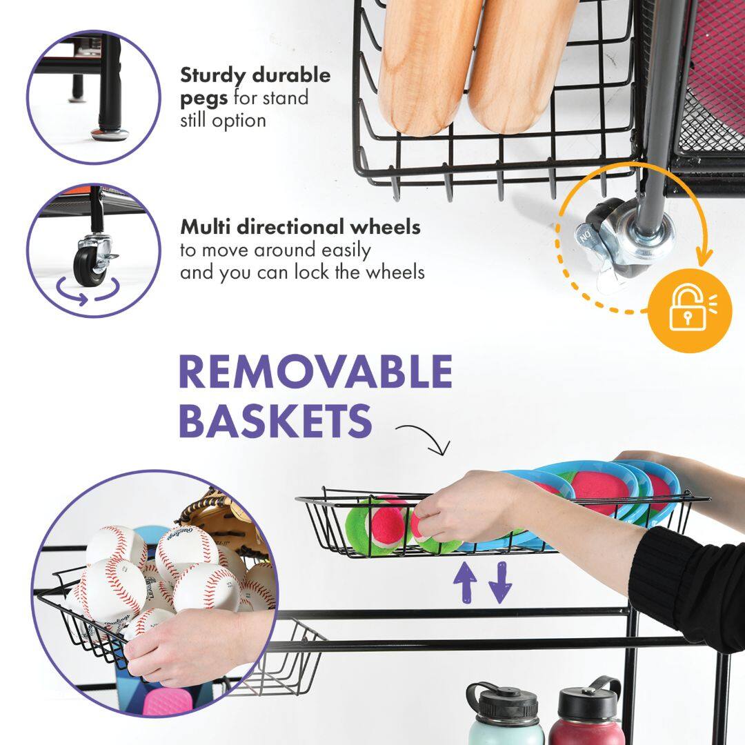- Sturdy durable pegs for stand still option
- Multi directional wheels to move around easily and you can lock the wheels
- REMOVABLE BASKETS