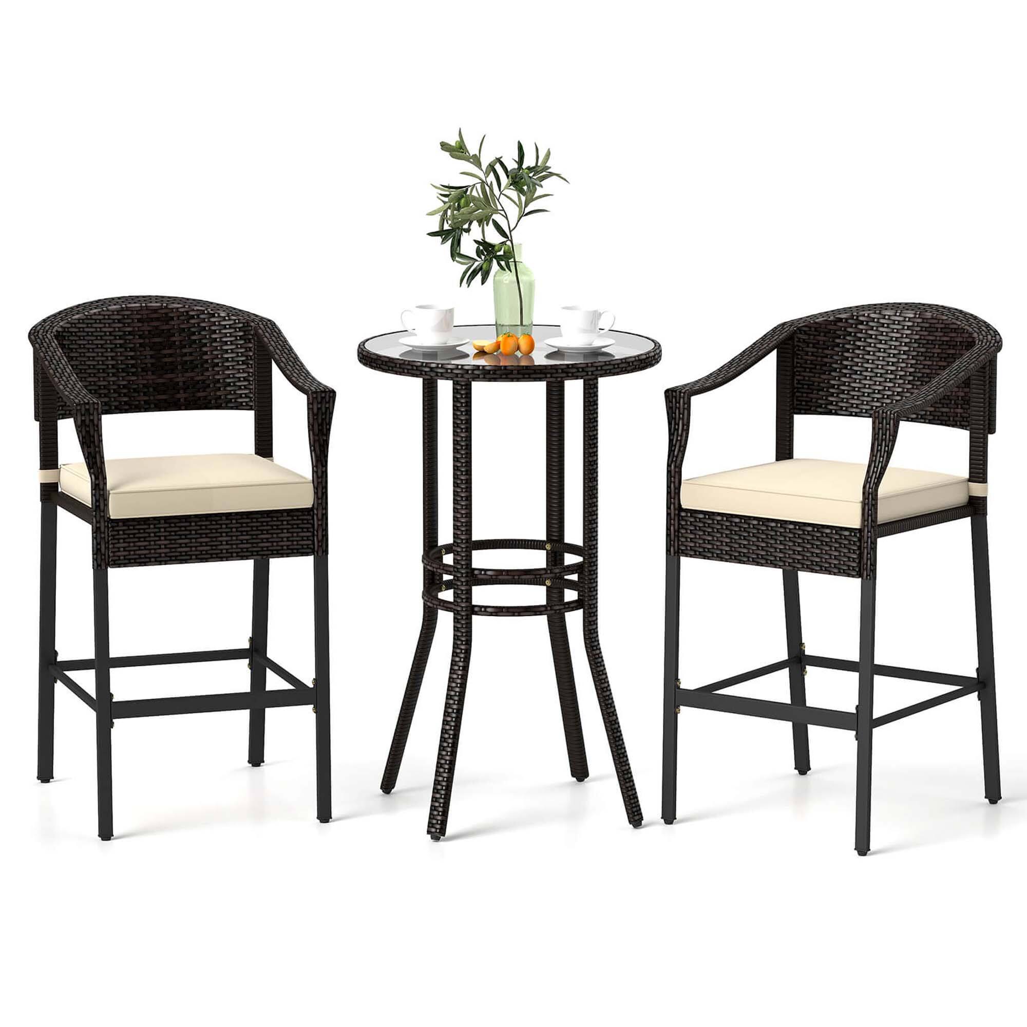 Alt View 9. Costway - 3 PCS Patio Rattan Bar Set Wicker Armchairs & Round Table with Tempered Glass Top - Mix Brown,Off White.