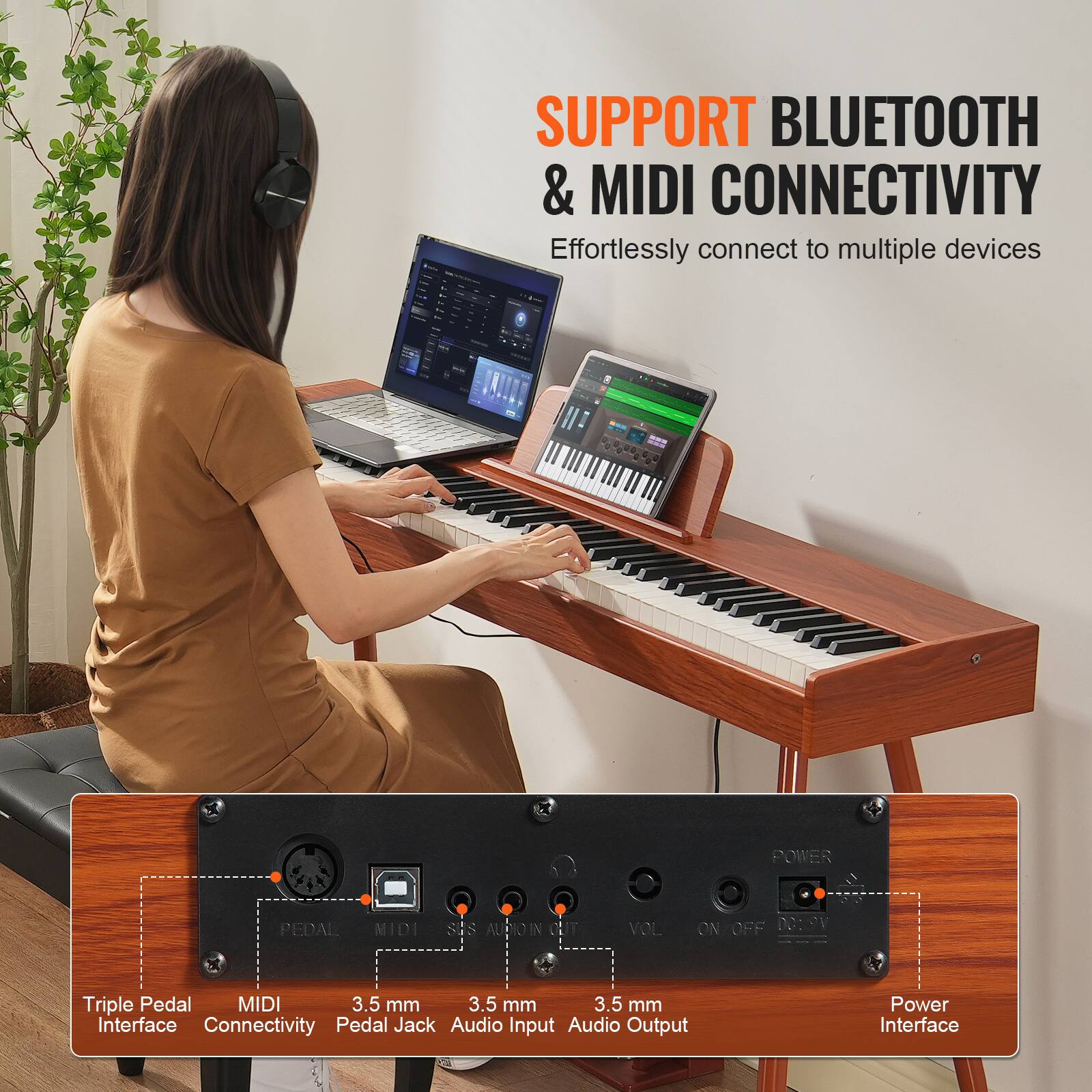 SUPPORT BLUETOOTH & MIDI CONNECTIVITY  
Effortlessly connect to multiple devices  

Triple Pedal Interface  
MIDI Connectivity  
3.5 mm Pedal Jack  
3.5 mm Audio Input  
3.5 mm Audio Output  
Power Interface  

POWER  
VOL  
ON OFF  
DC 9V