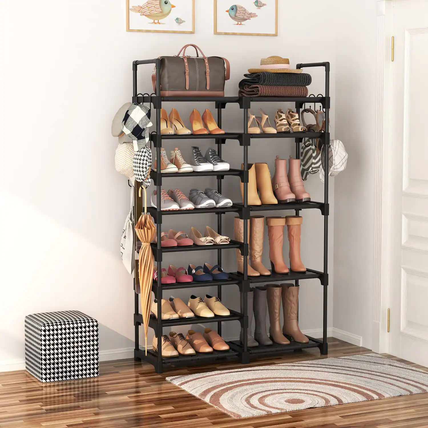 Alt View 1. Hanke - Shoe Rack Organizer 8-tier Metal For Closet Entryway Garage 26- Tall Boot Storage Shelf With 15 Hooks - White.