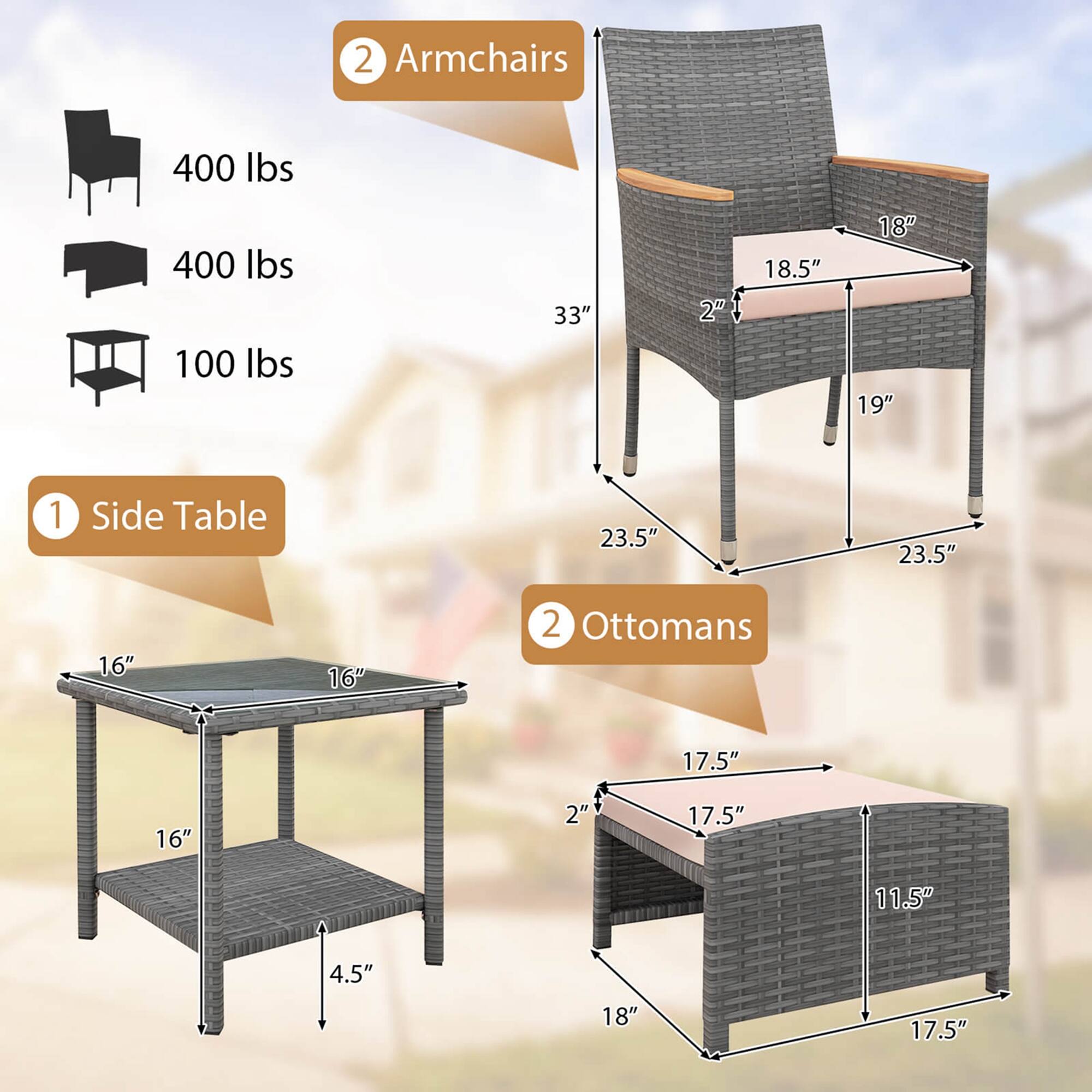 The text on the image has been grouped and corrected as follows:

1. Armchairs: 2 armchairs, each weighing 400 lbs.
2. Side Table: A side table measuring 23.5" in width, 16" in depth, and 16" in height.
3. Ottomans: 2 ottomans, each measuring 17.5" in width, 16" in depth, and 2" in height.

The image features a variety of outdoor furniture, including armchairs, a side table, and two ottomans. The dimensions and weight capacities of each piece of furniture are provided, making it easier for customers to choose the right pieces for their needs.