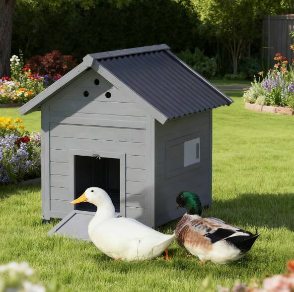 Front. TinyHomie - Light Gray Wooden Pet House Openable Roof Double Doors.