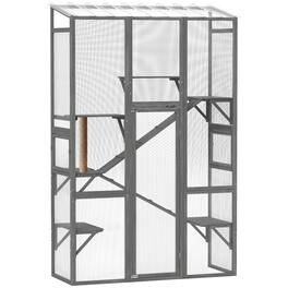 Pawhut - Catio Cat Enclosure, Large Wooden Cat House with 6 Jumping Platforms, Scratching Post, 2 Ramps - Gray